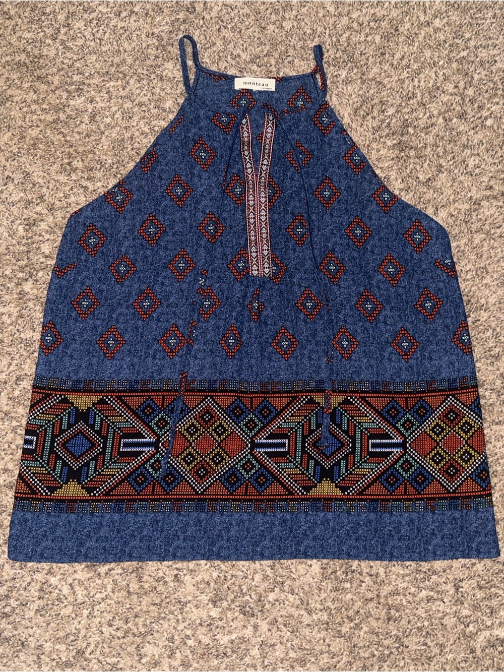Monteau Blue Geometric Halter Tank with Embroidered Border